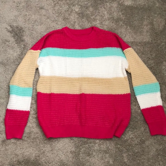 SHEIN Sweaters - SHEIN Colorblock Crew Neck Sweater - Red, Beige, White, Aqua